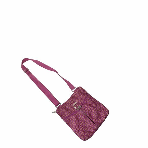 BAGGALLINI Horizion Crossbody pink purple gold Trellis Print 2 Front Zip Pockets - Picture 4 of 11